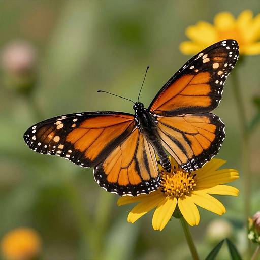 Photograph of a vibrant orange monarch butterfly with black and white-spotted wings, perched on a bright yellow daisy in a green, blurred garden