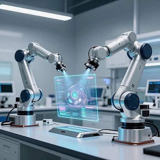 Photograph of a modern laboratory with two robotic arms, each holding a tool, focusing on a glowing blue holographic display.