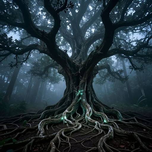 Mysterious, glowing-eyed tree with intricate, gnarled roots in a dark, misty forest; digital art with a fantasy, otherworldly