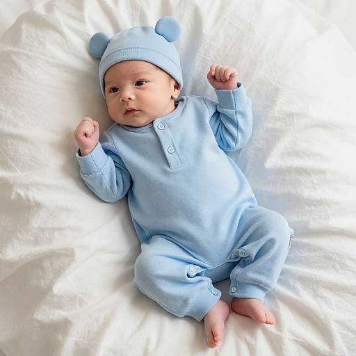 Photograph of an adorable baby with light skin, wearing a light blue onesie and matching hat with pom-poms, lying on a white bedspread