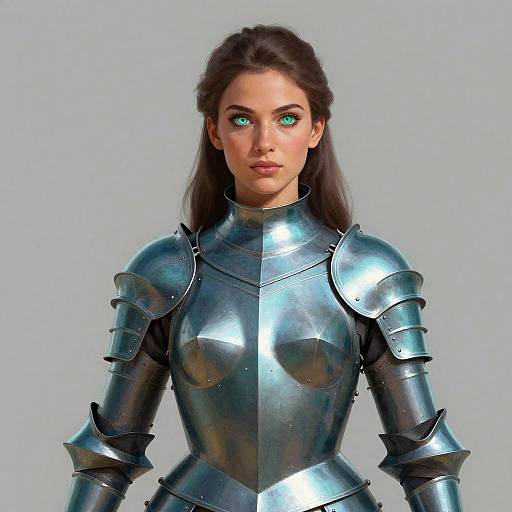 Photorealistic CGI of a young woman with green eyes, long brown hair, and fair skin, wearing shiny silver medieval armor against a plain gray background