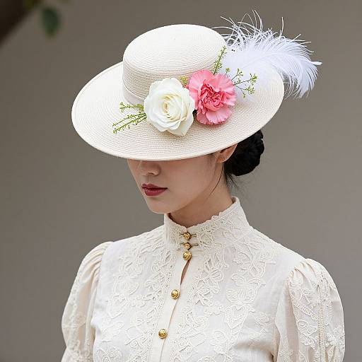 Photograph of an Asian woman with fair skin wearing a white lace dress and wide-brimmed hat adorned with white and pink flowers, and a white