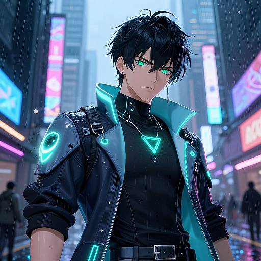Digital anime-style artwork of a handsome, black-haired man with glowing green eyes, wearing a neon-lit black jacket, standing in a rain-soaked