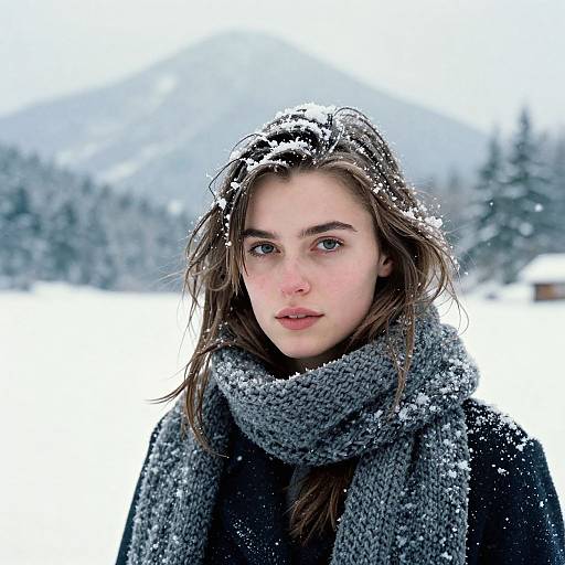 Photograph of a young woman with fair skin, blue eyes, and brown hair, wearing a thick gray scarf and black coat, standing in a snowy