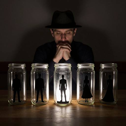 Photograph: Silhouetted figures inside five glass jars on a wooden table, with one illuminated; a bearded man in a hat, hands