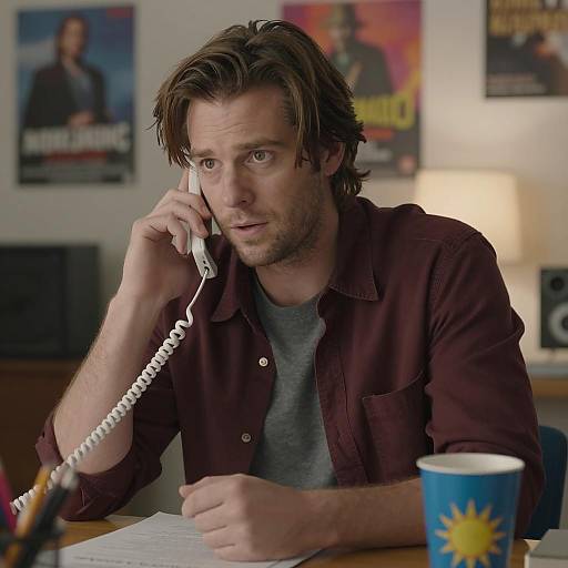 Focused Man on the Phone in a Cluttered Room