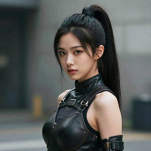 Digital art of a beautiful Asian woman with long black hair in a high ponytail, wearing a black leather harness top, standing against a blurred urban background
