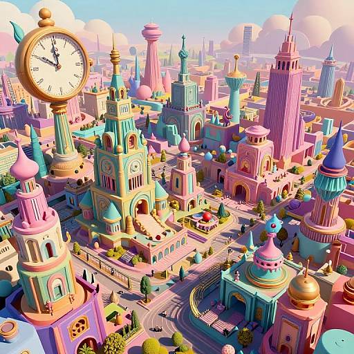 Whimsical digital artwork of a vibrant, colorful cityscape with pastel buildings, clock tower, and winding streets under a bright blue sky.