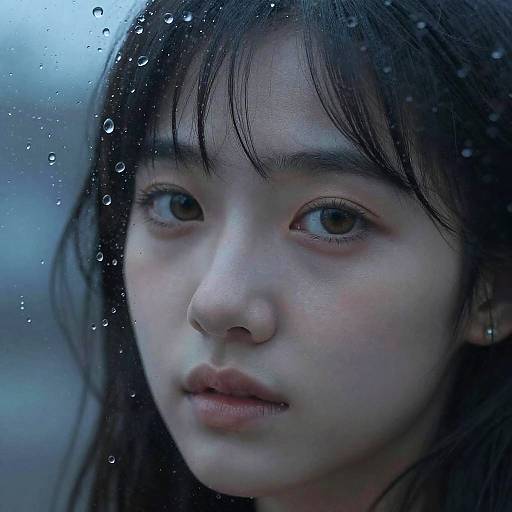 Photograph of an Asian woman with wet, dark hair and blue eyes, gazing somberly through a rain-streaked window. Soft,