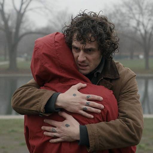 Emotional Embrace in a Foggy Park