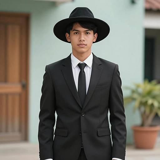 Young Man in Black Suit and Wide-Brimmed Hat