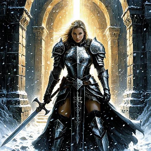 Armored Female Paladin in Snowy Fortress