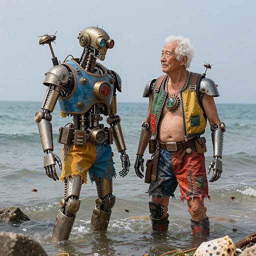 Steampunk Ocean Scene with Cyborgs