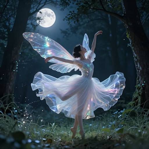Digital artwork of a fairy in a glowing, translucent white dress with iridescent wings, dancing under a full moon in a dark, enchanted forest.