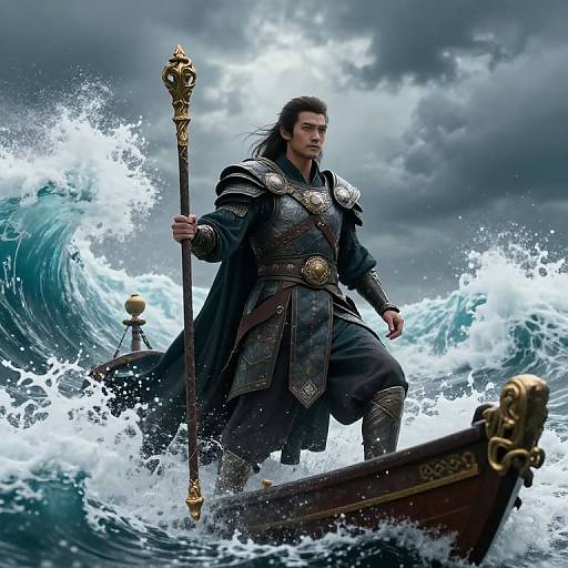 Digital art of a muscular, dark-haired warrior in ornate armor, holding a golden staff, standing on a wooden boat in turbulent waves under a storm
