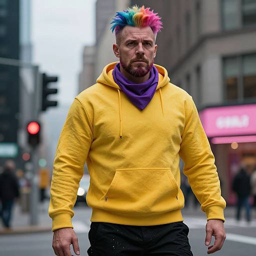 Photograph of a serious, muscular man with rainbow mohawk, yellow hoodie, purple scarf, walking in an urban street, blurred background.