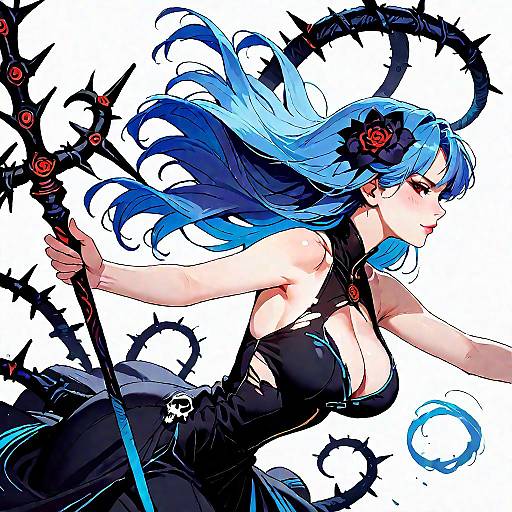 Anime Girl with Blue Hair and Skull Staff