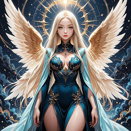 Digital art of a beautiful, blonde, angelic woman with glowing wings, wearing a revealing, blue, ornate dress with gold accents, set against
