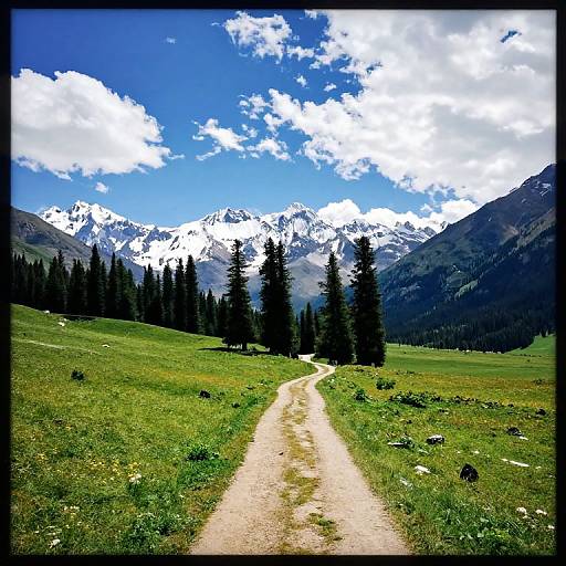 Photograph of a winding dirt path through a green meadow, leading to snow-capped mountains under a bright blue sky with scattered clouds. Dense pine