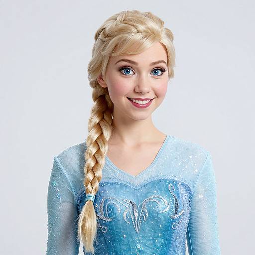 Digital illustration of a smiling, blonde-haired, blue-eyed young woman with a braided ponytail, wearing a glittery, blue, long-slee