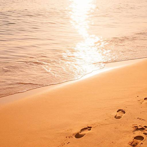 Photograph of a golden-orange sunset on a sandy beach, with gentle waves and three distinct footprints in the sand.