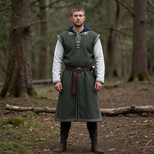 Photograph of a bearded man in medieval clothing, standing in a forest. He wears a green tunic with white sleeves, brown belt, black