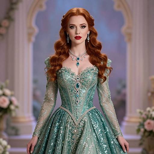 Photograph-style digital illustration of a red-haired woman in an ornate, turquoise, lace-embellished ball gown with long sleeves, standing in