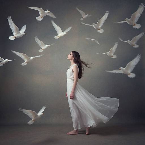 Photograph of a serene woman in a flowing white dress, barefoot, standing sideways as white doves circle her against a dark, gradient background.