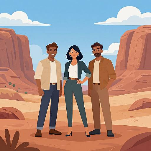 Digital illustration of three diverse professionals standing in a desert landscape with red rock formations and blue sky. They wear business casual clothing: white shirt, blue pants