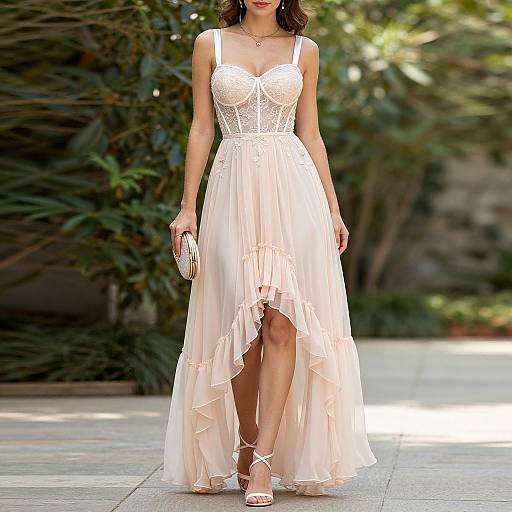 Photograph of a slender woman in a white, lace-trimmed, asymmetrical, pastel pink gown with a thigh-high slit, holding a