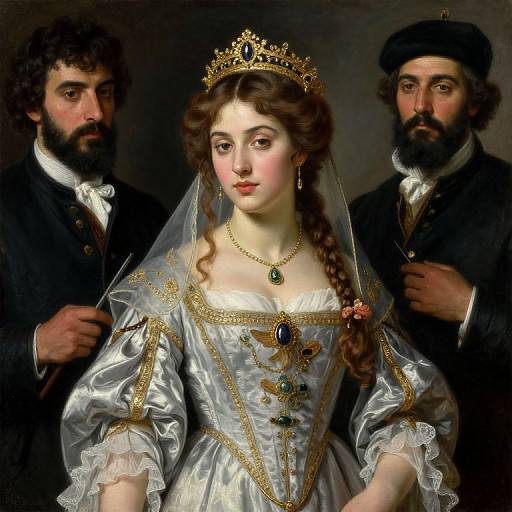 Portrait of a young, fair-skinned woman with brown hair, wearing a gold crown, white and gold gown, and veil, flanked by two