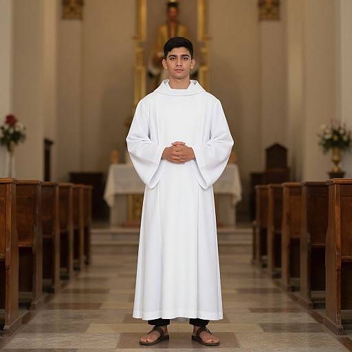 Photograph of a young man with short black hair, standing in a church, wearing a white liturgical robe and sandals, hands clasped, in