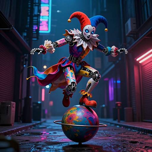 Futuristic Cyborg Jester in Neon Alley