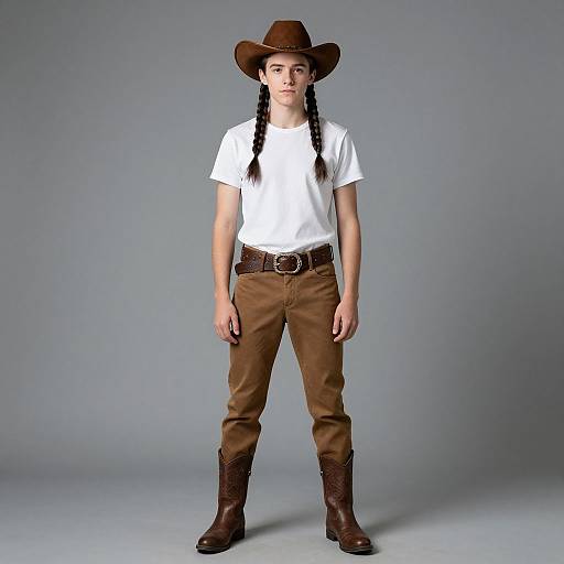 Photograph of a young woman with fair skin, black braided hair, wearing a brown cowboy hat, white t-shirt, brown pants, brown belt