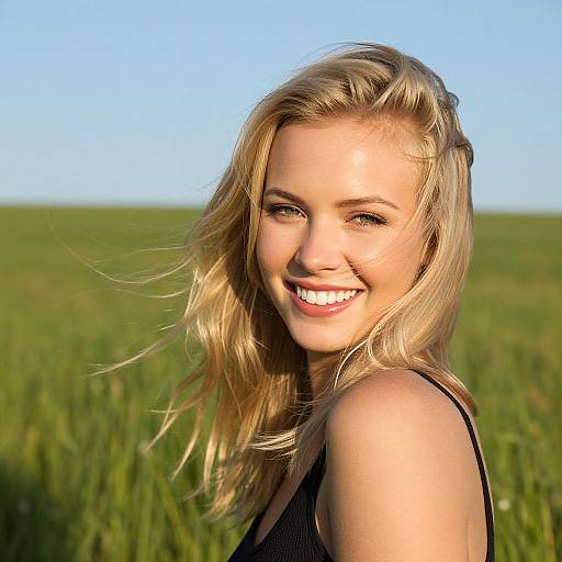 Photograph of a smiling blonde woman with wavy hair, wearing a black top, standing in a sunlit, green field. Bright blue sky in