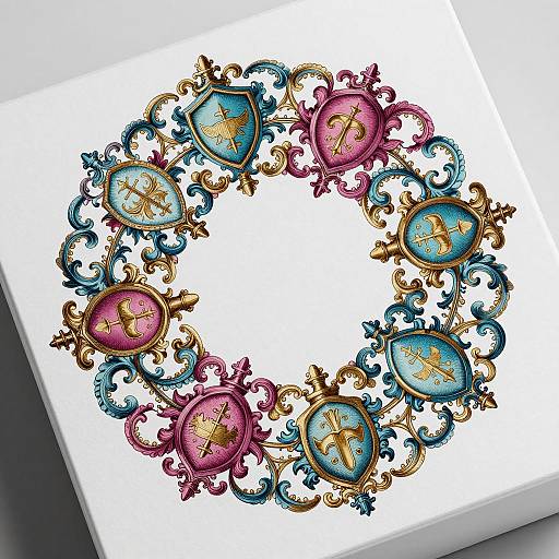 Intricate Heraldic Scrollwork Design for Packaging