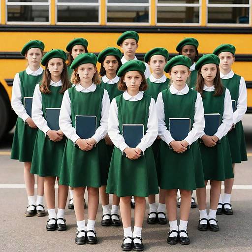 Group of Schoolgirls in Uniform Standing by School Bus