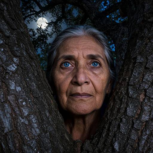 Photograph of an elderly woman with gray hair and blue eyes, framed by tree trunks, under a moonlit night sky.