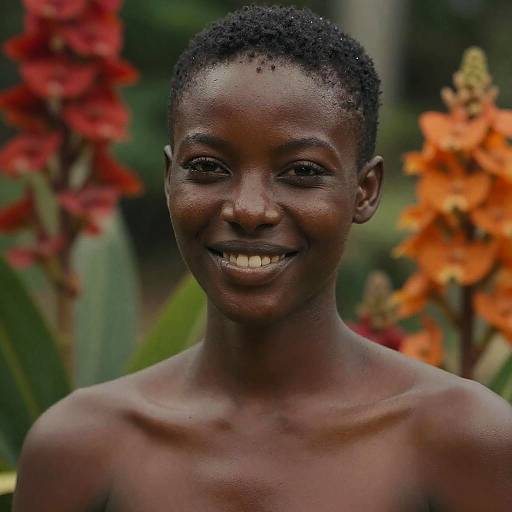 Photograph of smiling, young, shirtless Black boy with short curly hair, surrounded by vibrant red and orange flowers in a garden.