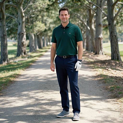 Man in Golf Attire on Sunlit Path