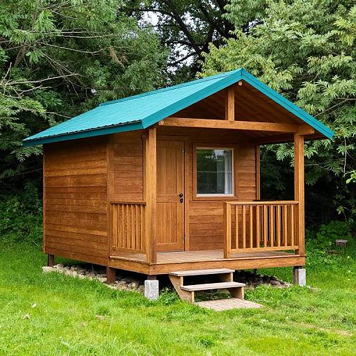 Photograph of a small wooden cabin with a blue metal roof, elevated on stilts, surrounded by lush green trees and grass.