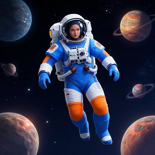 Digital artwork of a woman in a blue and white astronaut suit with orange accents, floating in space with colorful planets.