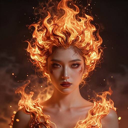 Photorealistic digital artwork of a pale-skinned woman with fiery orange hair, intense eyes, dark lipstick, and flames surrounding her head and shoulders against