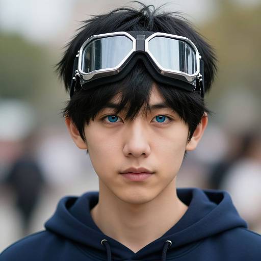 Photograph of a young Asian man with blue eyes, black hair, wearing black hoodie and reflective goggles on his head, blurred outdoor background.