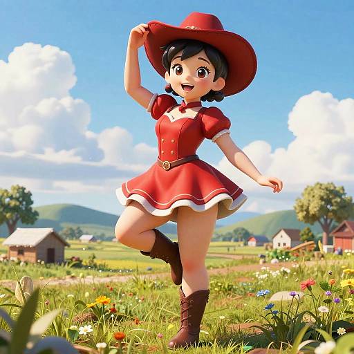 CGI image of a cheerful anime-style girl in a red dress, brown boots, and wide-brimmed hat, standing in a sunny, floral
