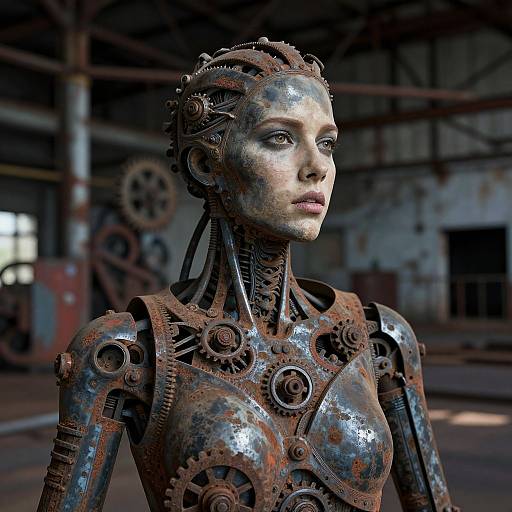 Photorealistic CGI of a female humanoid robot with metallic, rusted gears and cogs, standing in an industrial, dimly-lit warehouse.