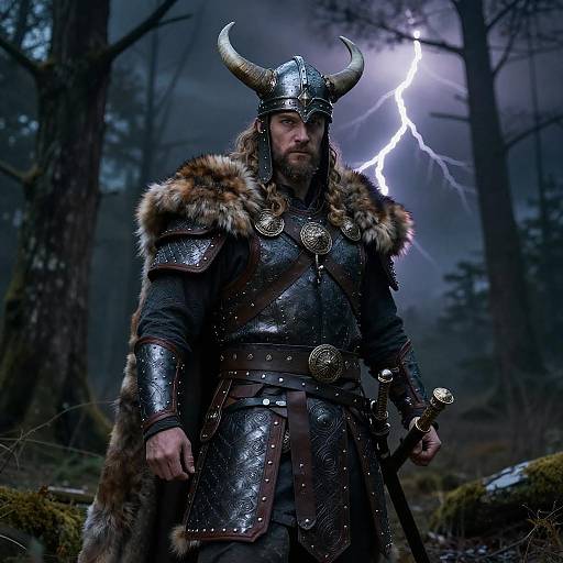 Mystical Viking Warrior in Stormy Forest