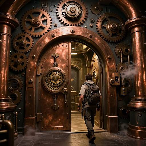 Photograph of a man in tactical gear entering a steampunk-style, copper-gear adorned, arched metal door with large clock gears and industrial