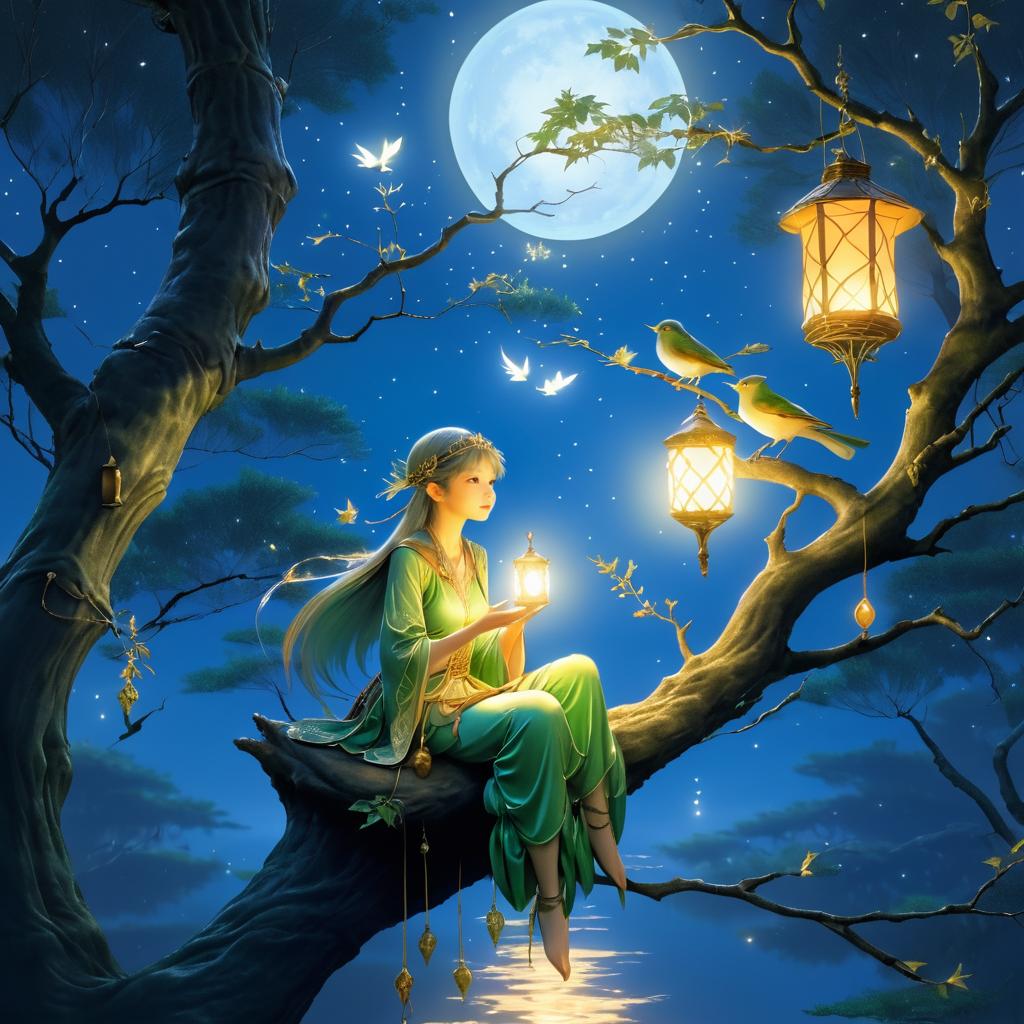 Serene Elf at Dawn with Lantern