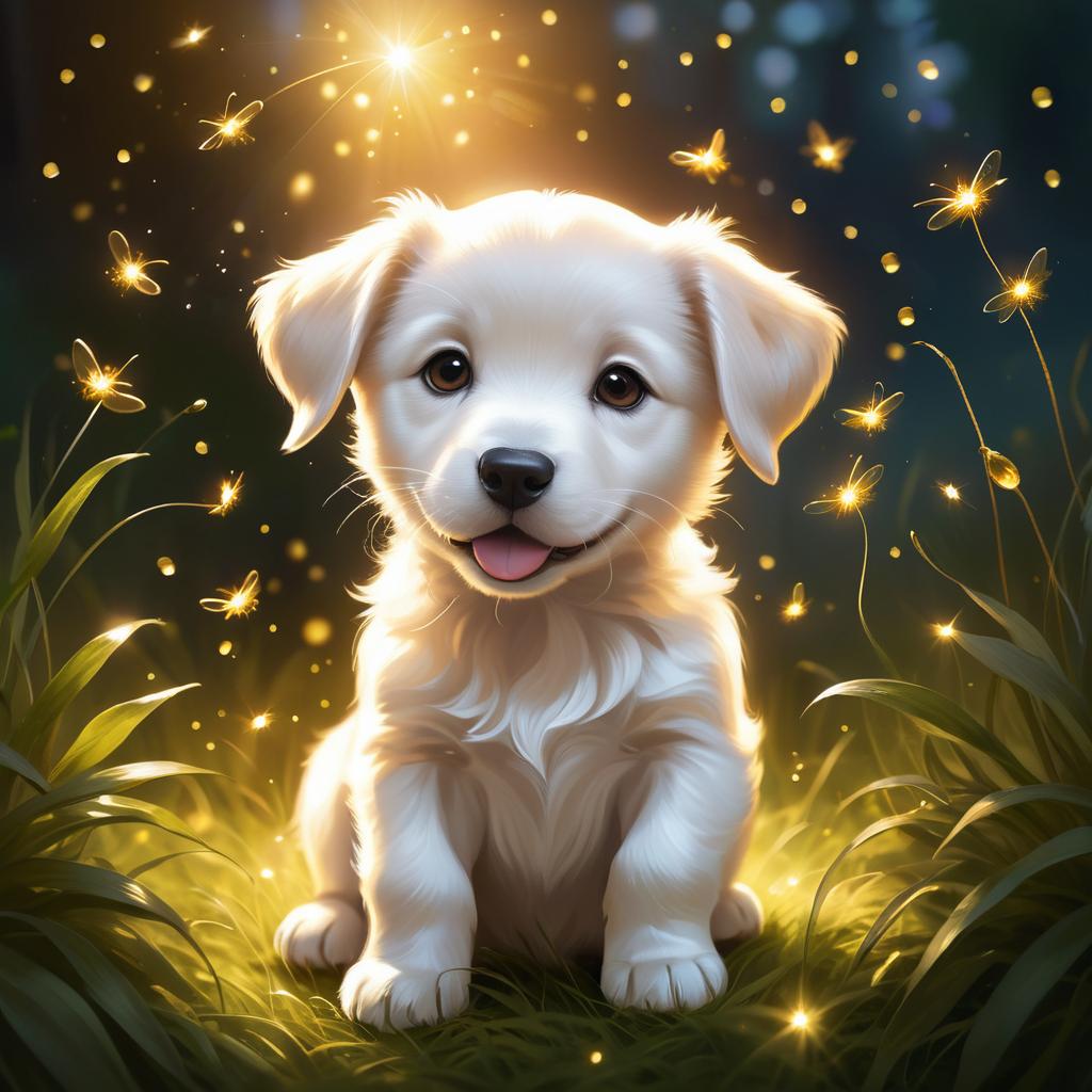 Playful Puppy Under Twinkling Fireflies